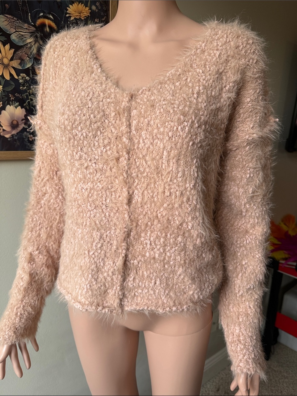 V-Neck Fluffy Knit Sweater - Blush Pink